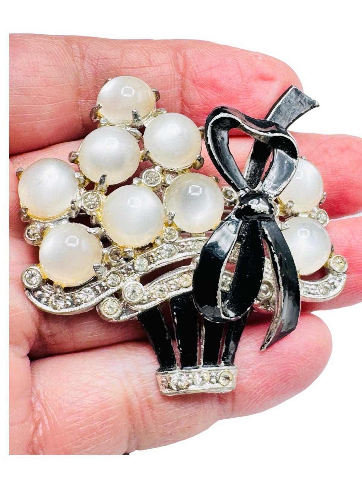 Vintage Coro? Moonglow Cabochon Basket Brooch w/Bow Rhinestones
