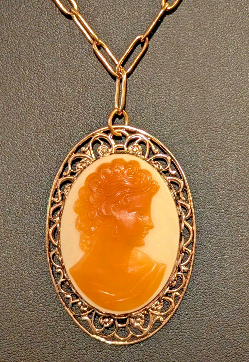 Vintage Gold Tone Cameo Pendant Orange Cream Resin Lady Profile Filigree