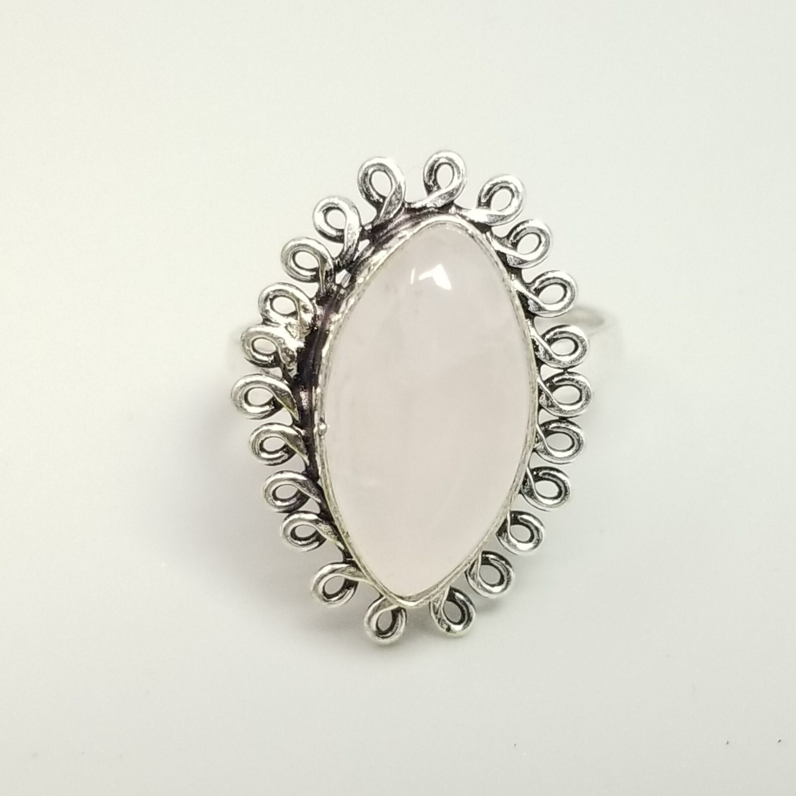 Vintage Marquise Shape Cabochon Ring, Very Light Pink, Size 7.5 Silver Tone Band