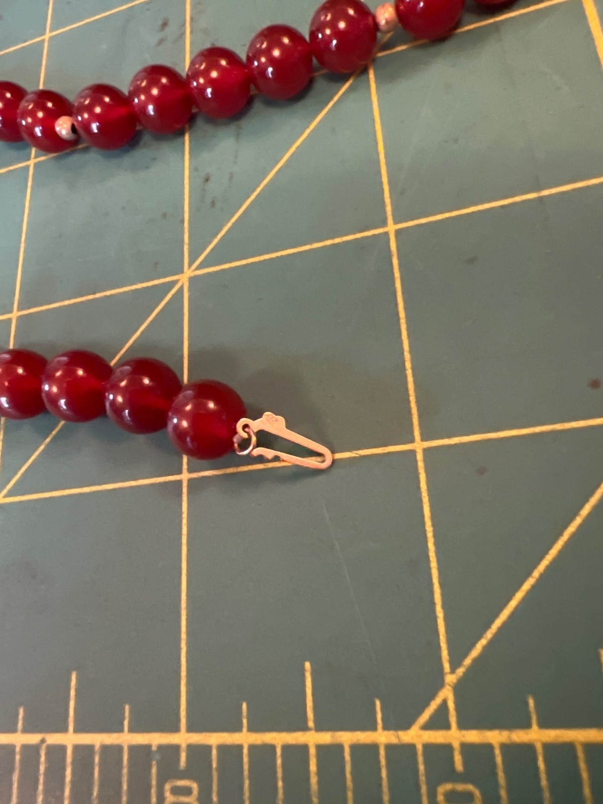 Vintage Red Beaded Necklace Carnelian ? Gold Accents 10k Safety Clasp Closure
