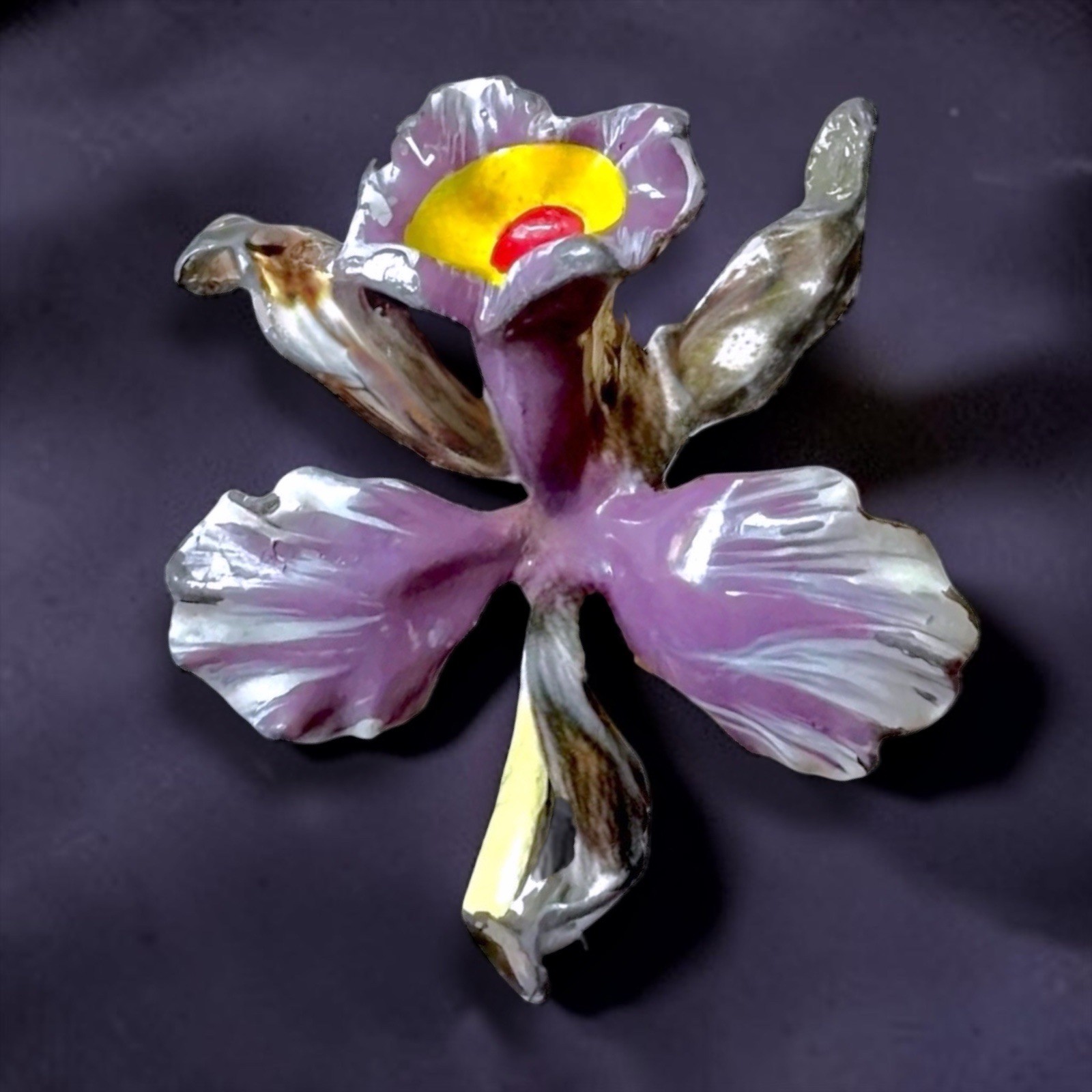 Enamel Flower Brooch Orchid Purple Silver Tone Small Vintage