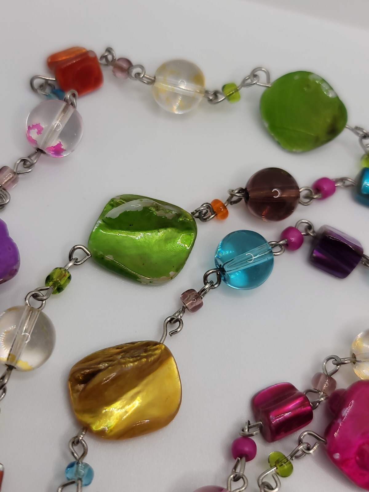 71″ Vintage Wear Repair Craft Multicolored Glass And Shell Necklace