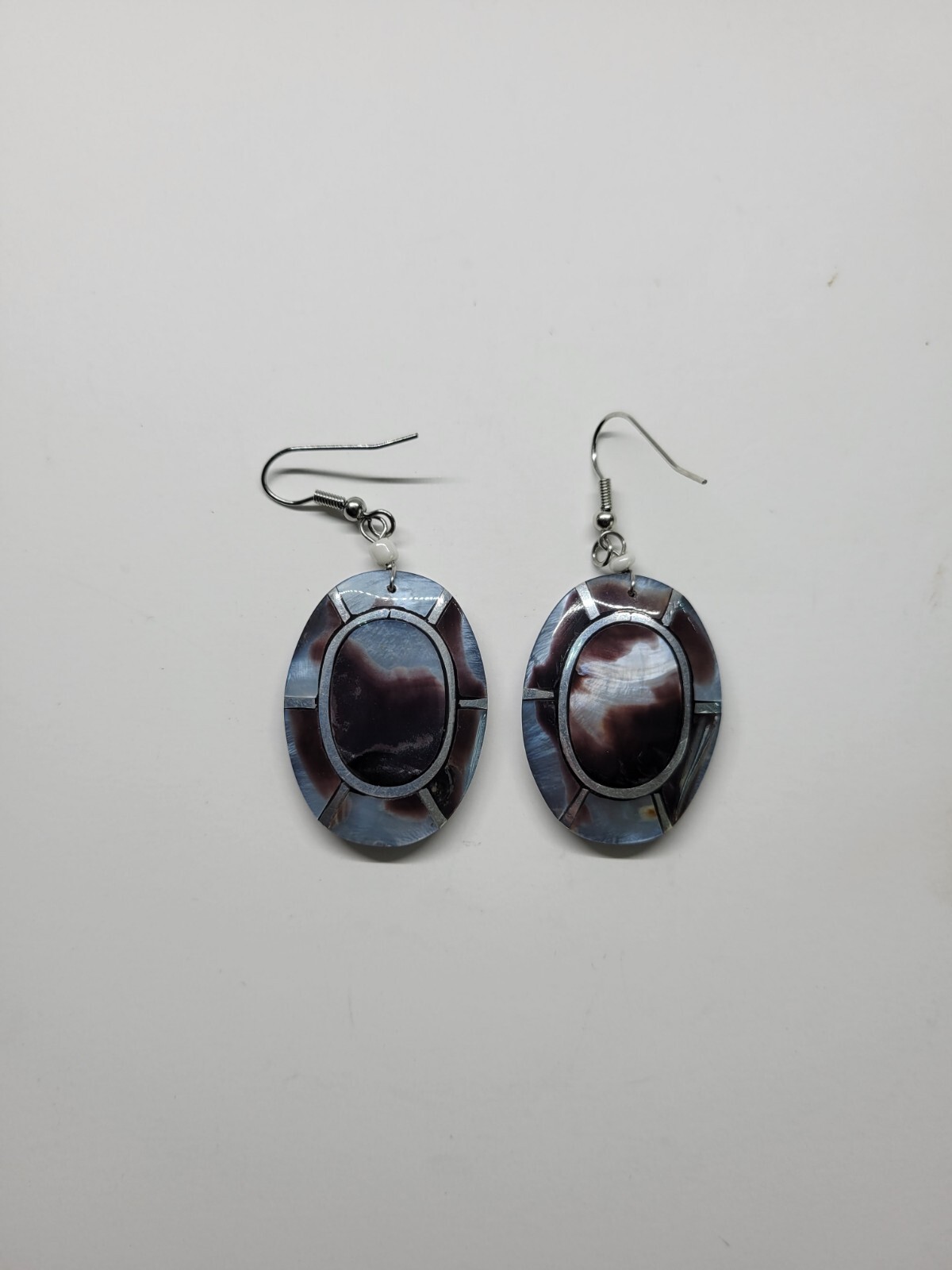 Shell and Metal Mosaic Acrylic Inlay Lee Sands Style Dangle Pierced Earrings