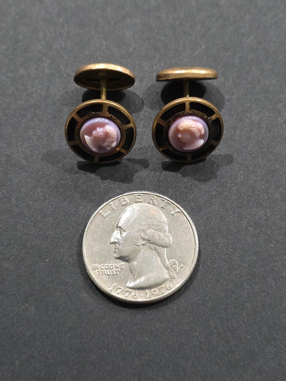 Rare Antique Enamel Purple Glass Cameo Portrait Gold Tone Cufflinks