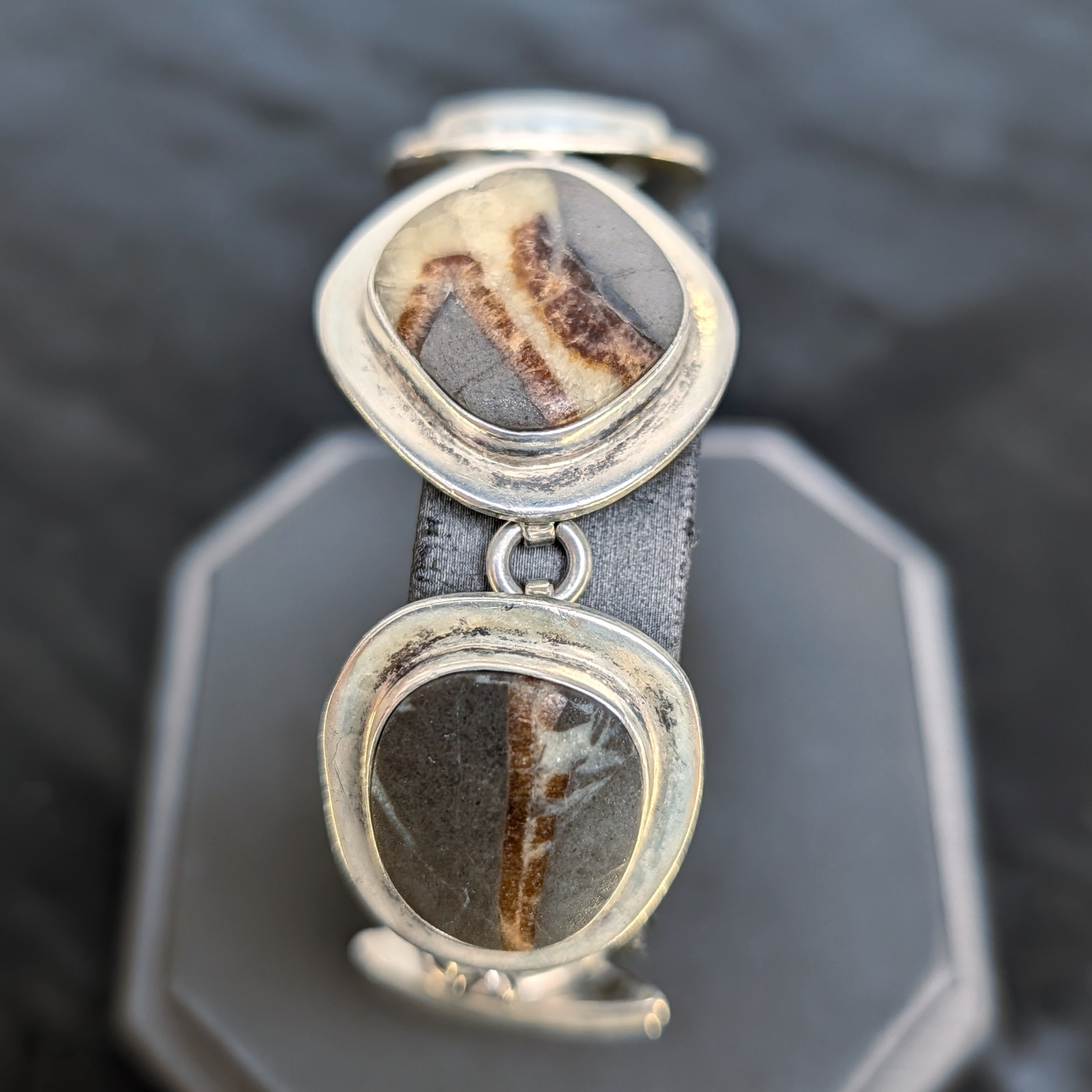 Vintage 925 Sterling Silver Bracelet+Linked Cabochon+Chunky Jasper Stone⭐