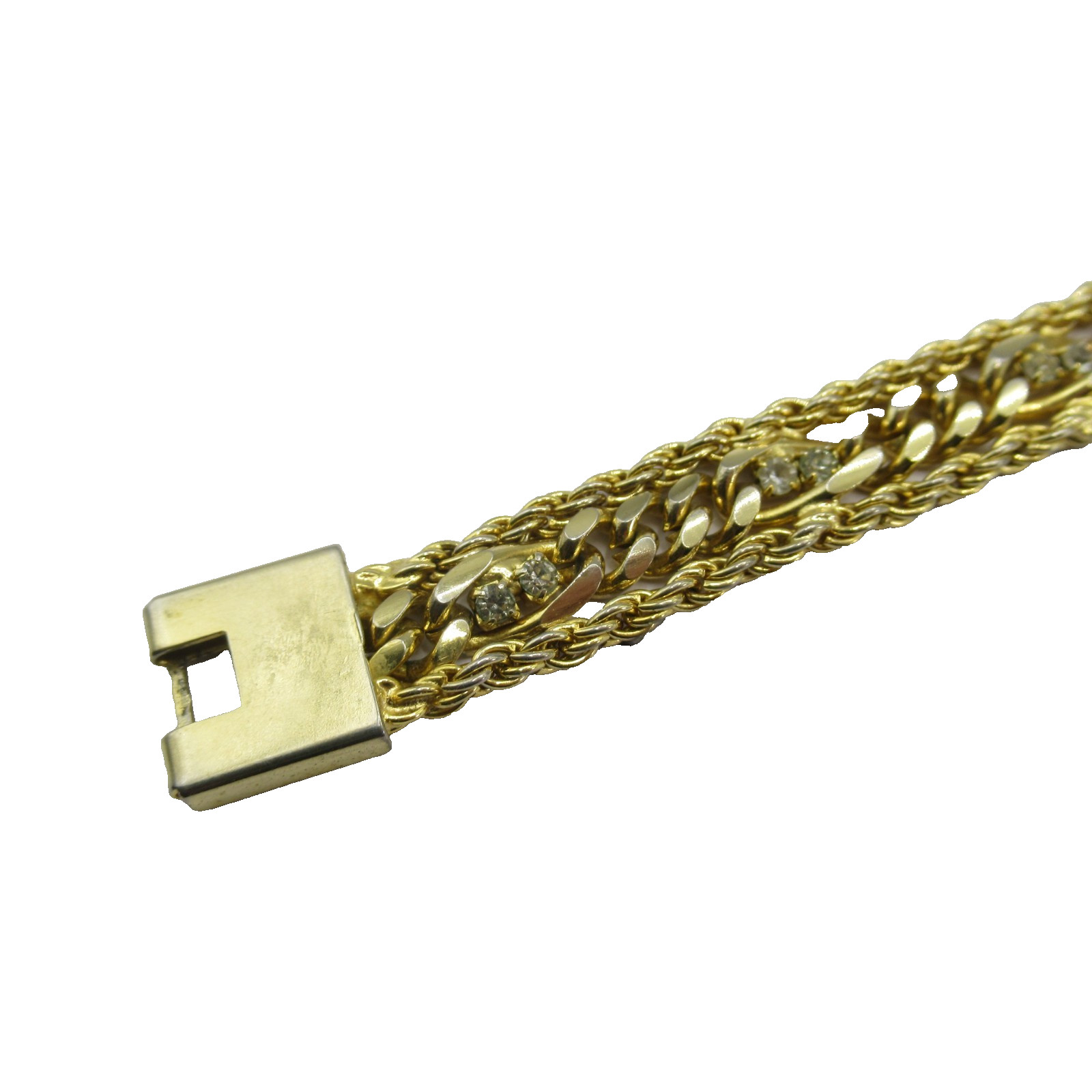 Gold Tone Triple Strand Vintage Chain w Rhinestones Bracelet Woman’s