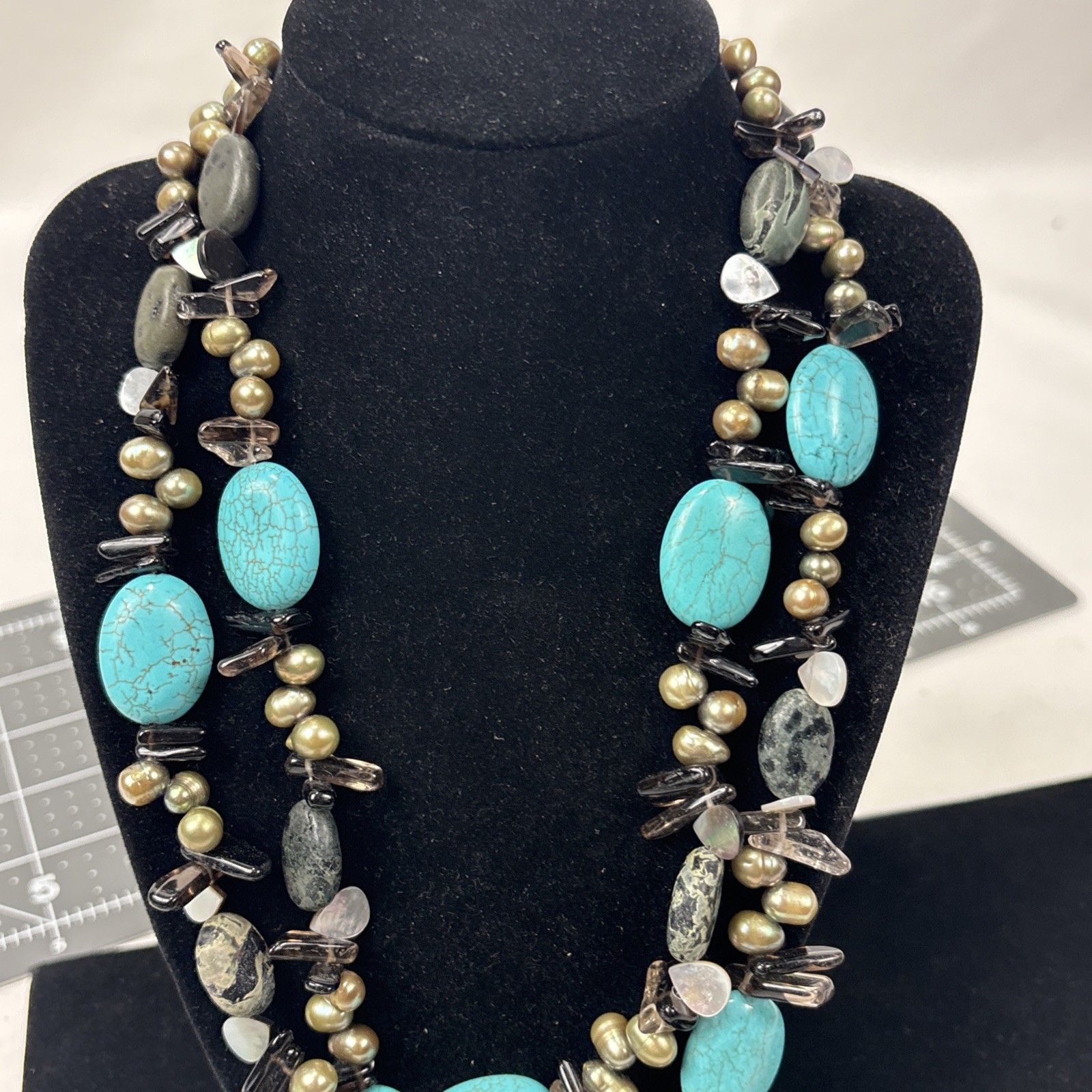 Vintage Gray Fresh Water Baroque Pearls &Turqoise With Gemstones Necklace 20″