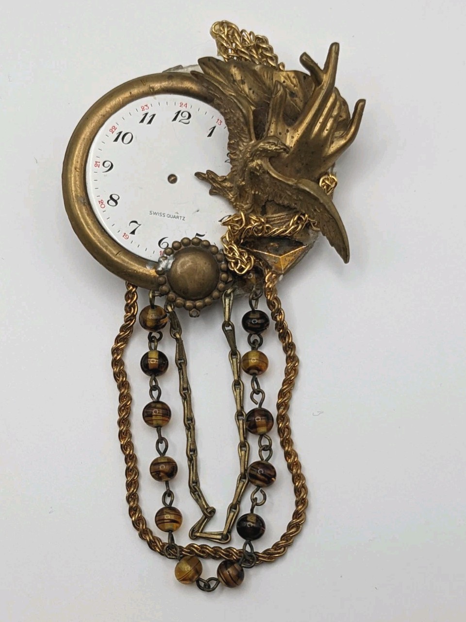 Steampunk John Wind MAXIMAL ART Brooch — Watch Face, Eagle, Hand, Leaf