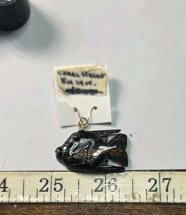Rare Vintage Black Coral Carved And Polished Fish With 14K Bail Pendant