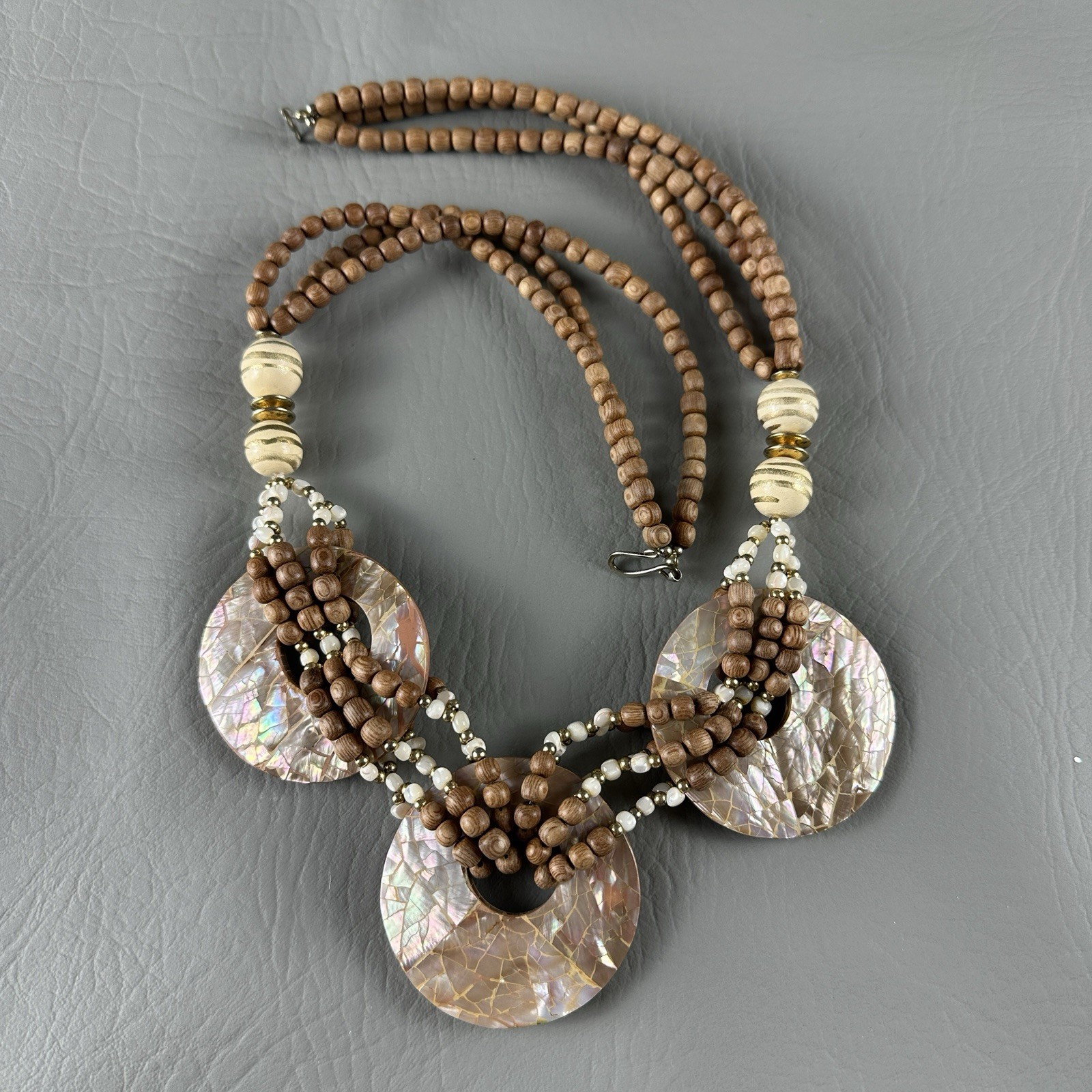 Vintage Mother of Pearl Necklace Bead Statement Multi Strand Disc 23″