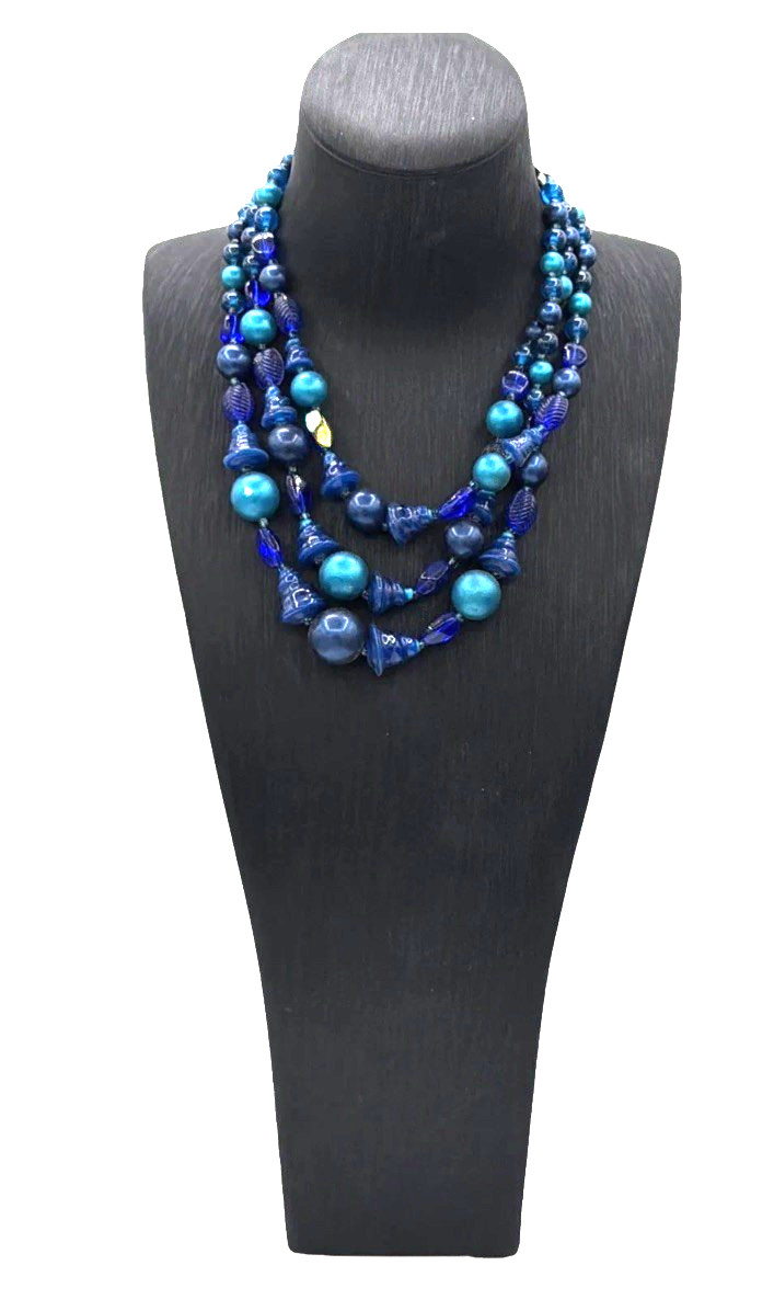 Japan Signed Vintage Multi‑Strand Blue Beaded Necklace – Art Glass Statement