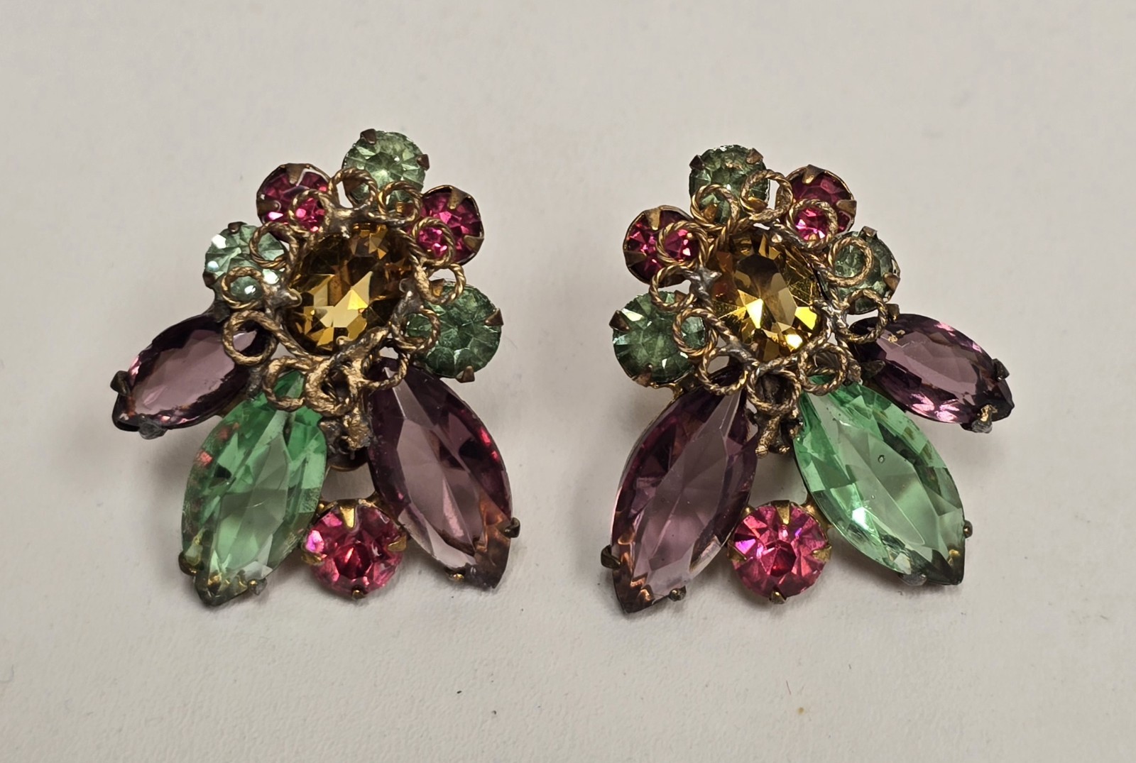 Vintage Original By Robert Brass Filigree Rhinestone Earrings