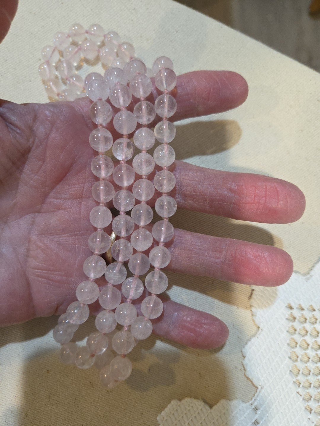 Delicate Vintage rose quartz necklace, continuous strand 31 inches in length.