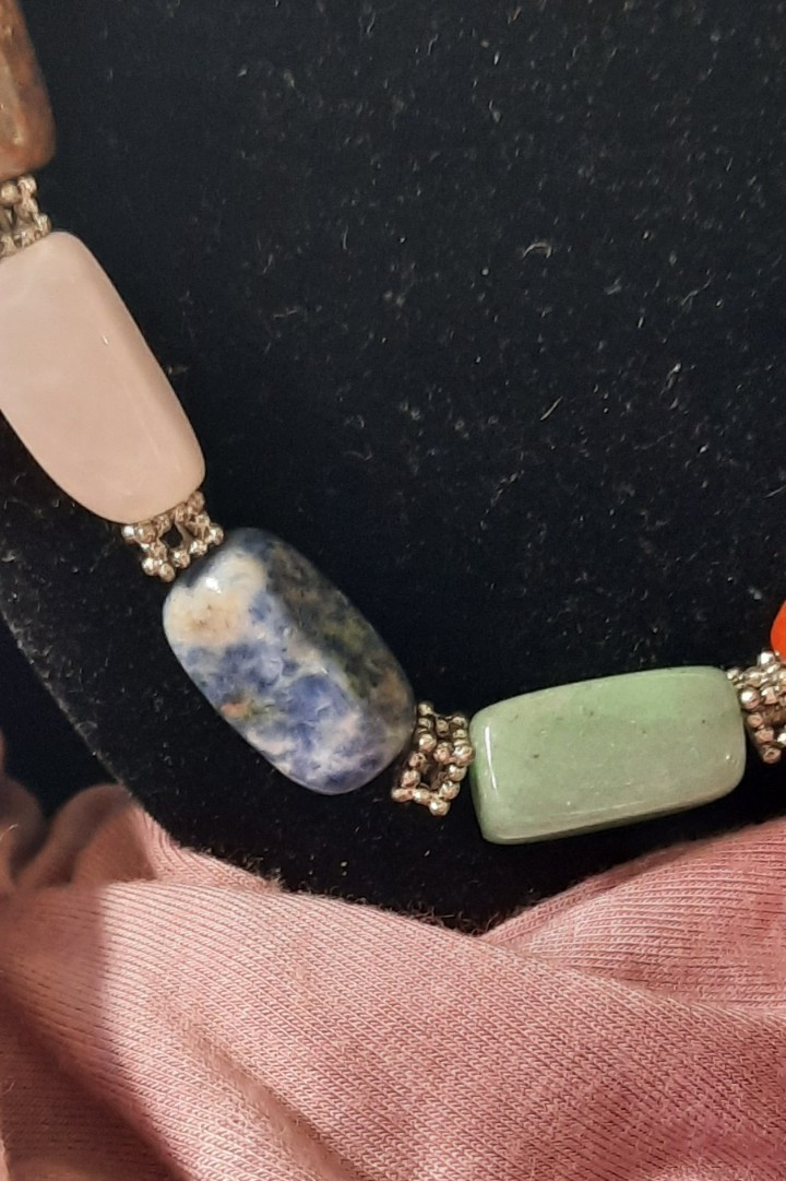 Vintage 21″ Natural Gemstone Necklace – Tiger’s Eye Jade Sodalite Coral Silver