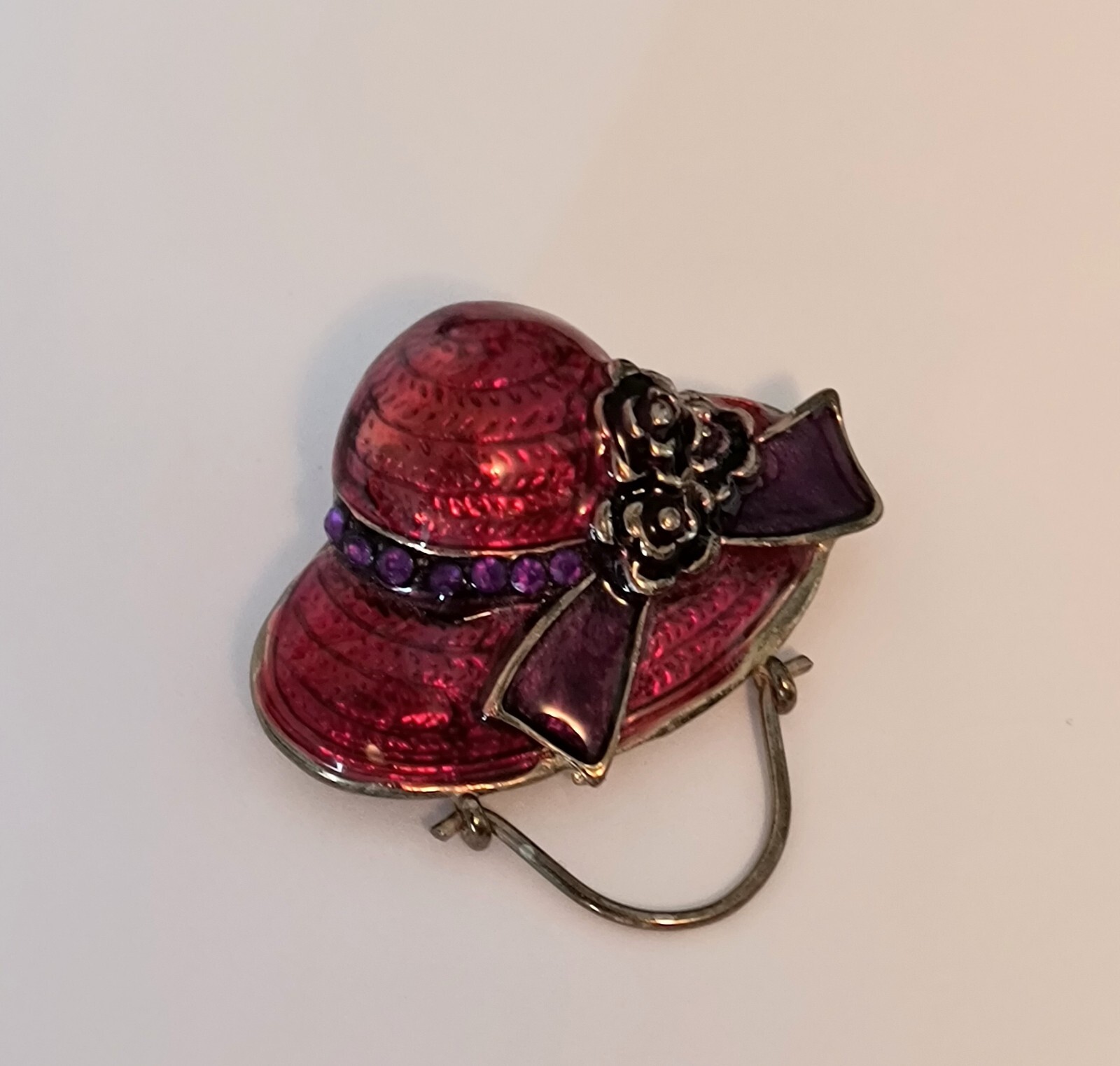 Vintage Red Hat Society Enamel Golden Brooch Pin Red & Purple
