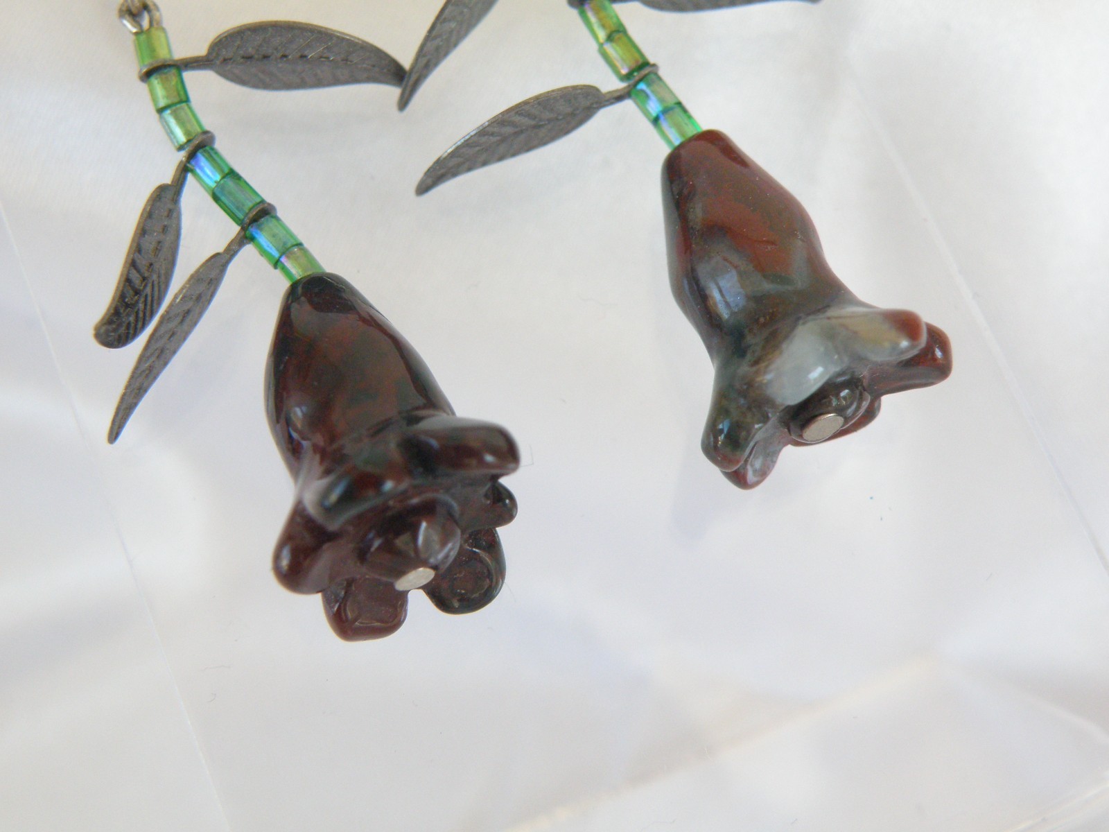 Vintage Sterling Silver 925 Artisan Tulip Flower Carved Stone Dangle Earrings