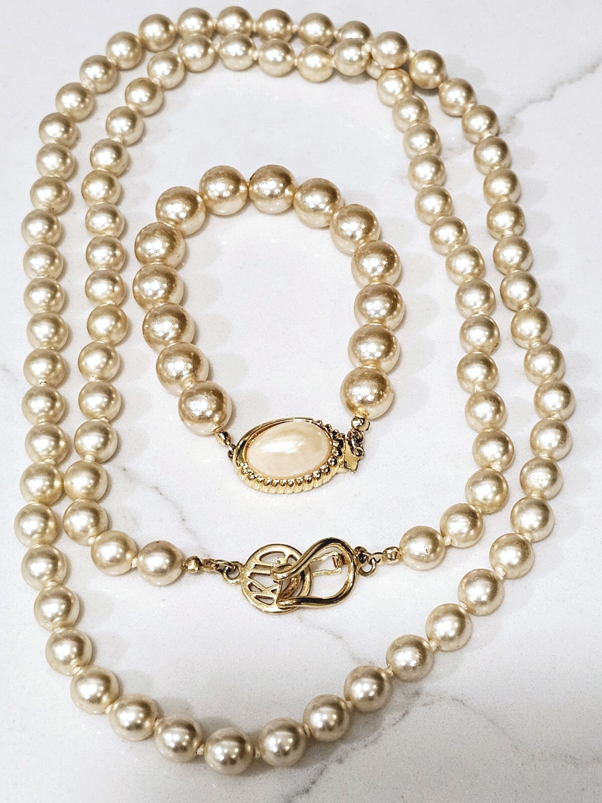 Kenneth J Lane Vintage Signed Faux Pearl Gold Filled Necklace with Bracelet Set