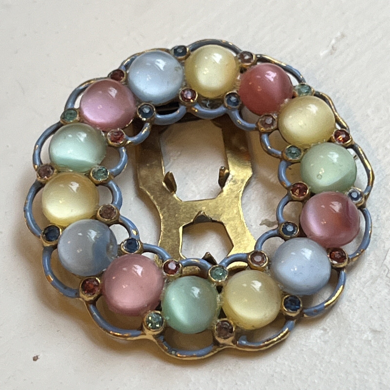 Vintage Colorful Glass Gripoix Cabochon Blue Enamel & Rhinestone Fur Dress Clip