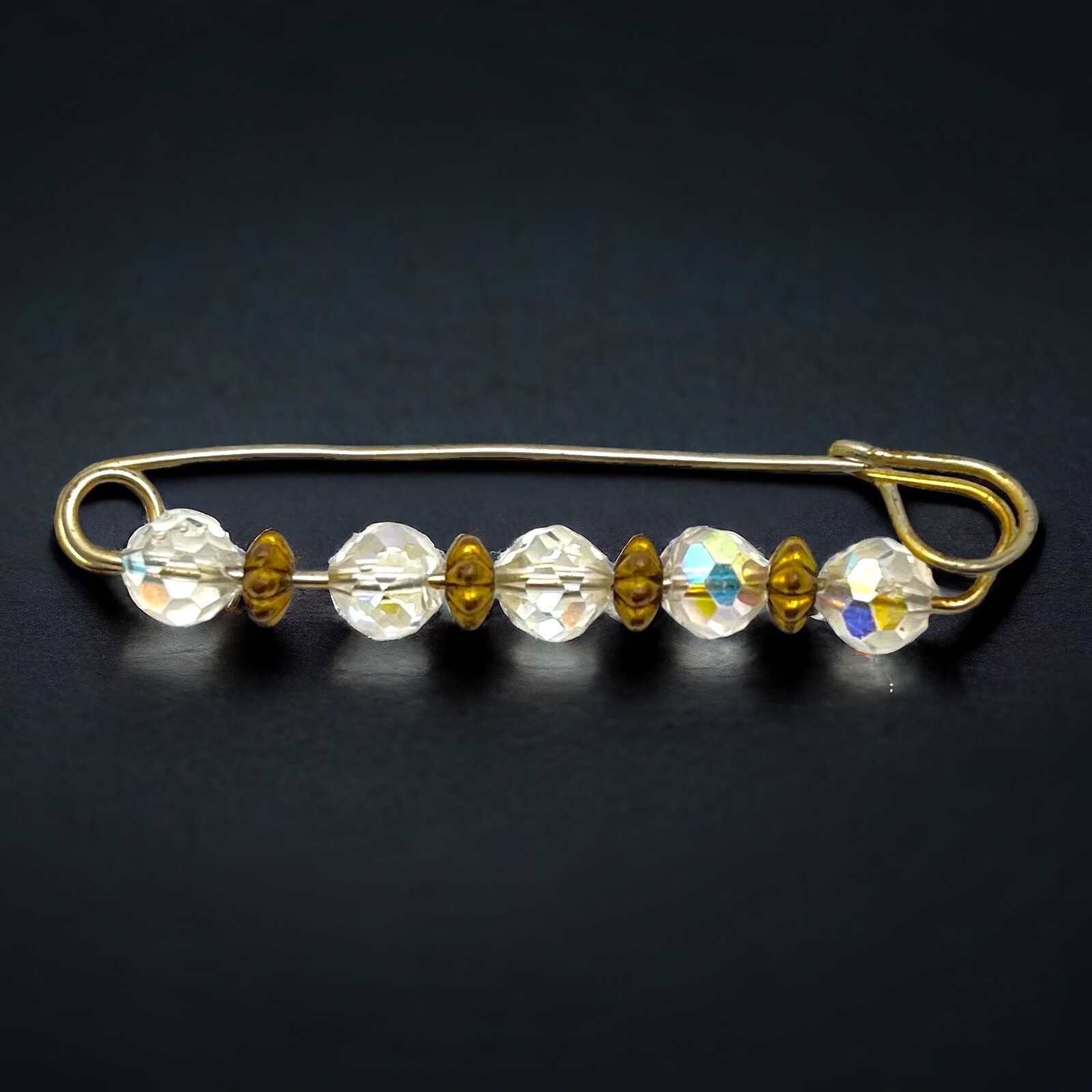Aurora Borealis Kilt Pin Crystal Glass Bead Sweater Brooch Gold Tone