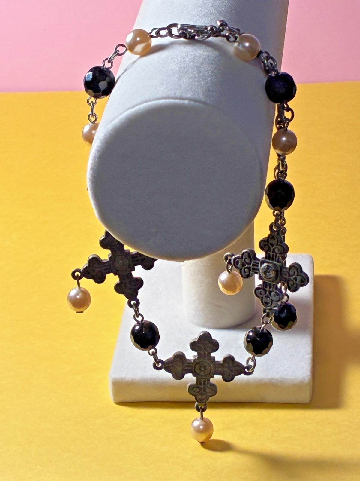Ben Amun Choker – 3 Crosses Gothic Punk Art Deco-Silver-Tone-Faux Pearls -Beads