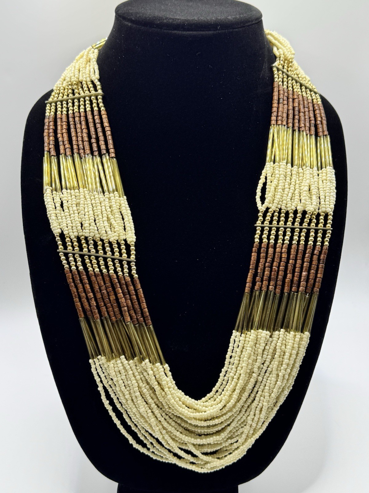 Boho Brass Tube Multi Strand Seed Bead Statement Necklace 30” Tribal Layered