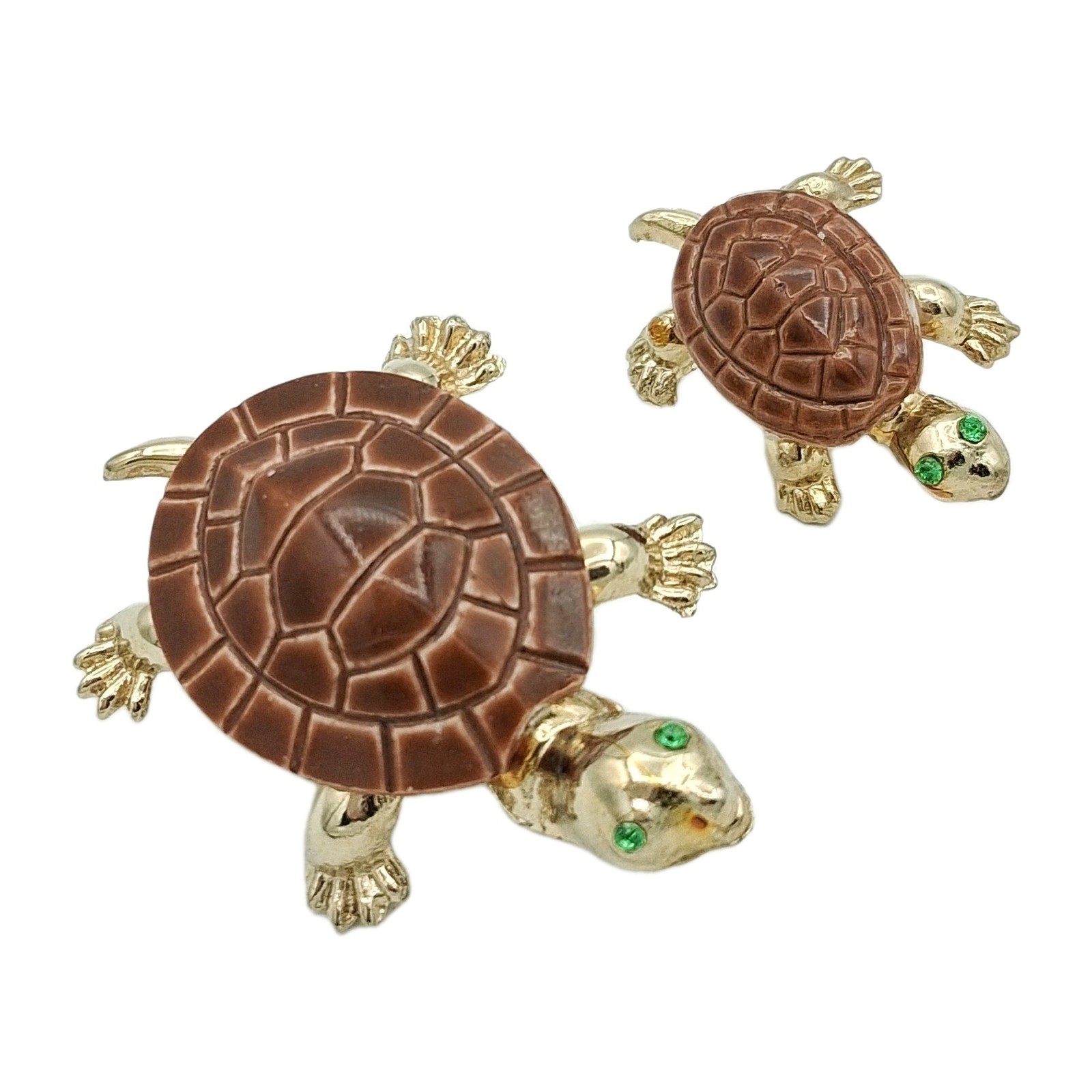 Vtg Gold Tone Turtle Brooch Set Ceramic Porcelain Shell Figural Pins Pair