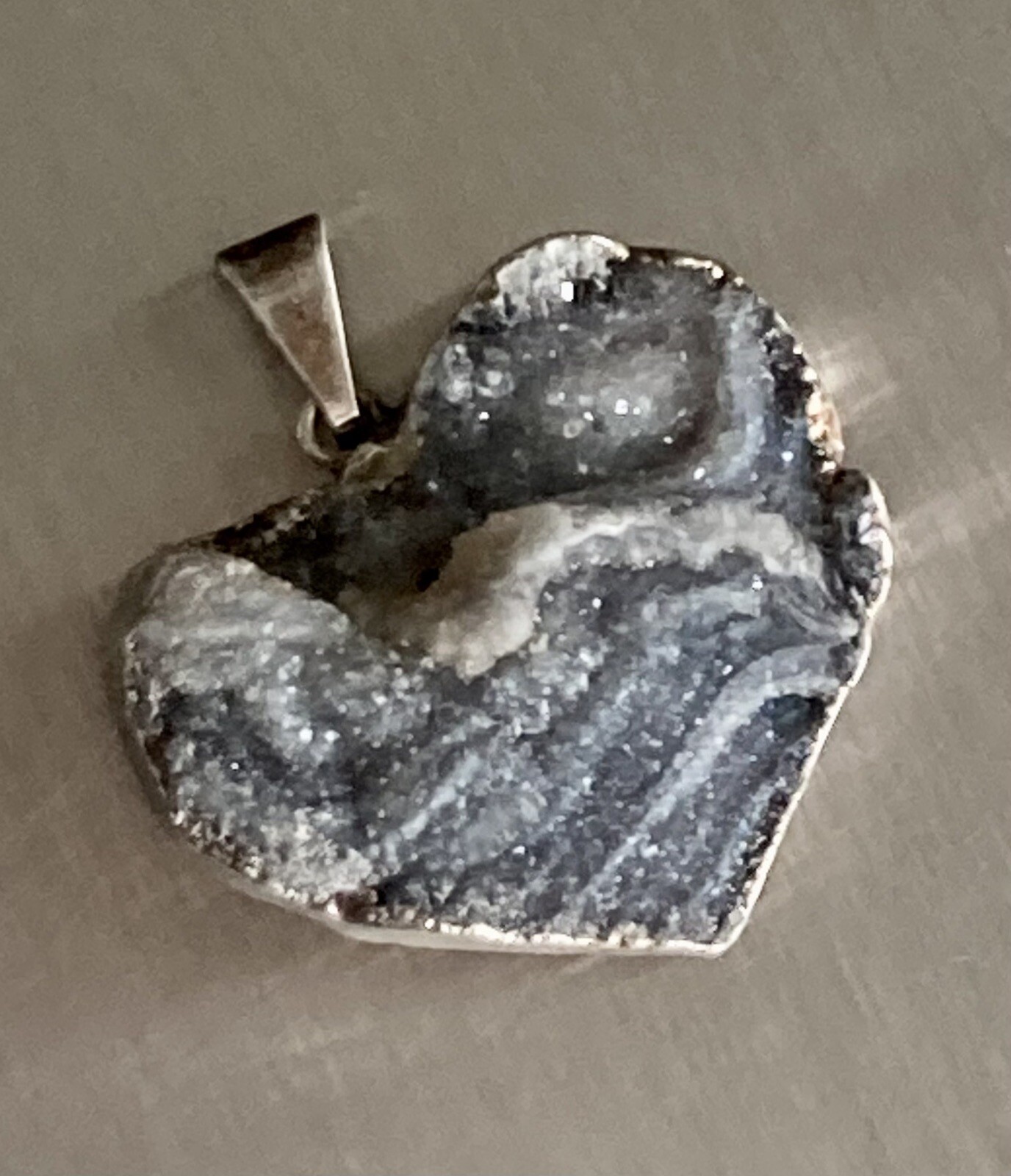 Heart Shimmery Crystal Rock Stone 1.25” Pendant 925 Sterling Silver 7.8g Ladies