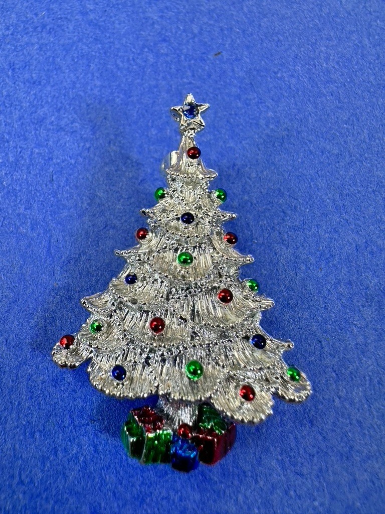Gerrys Christmas Tree Brooch Blue Rhinestone Star Enamel Silver Vintage Gift