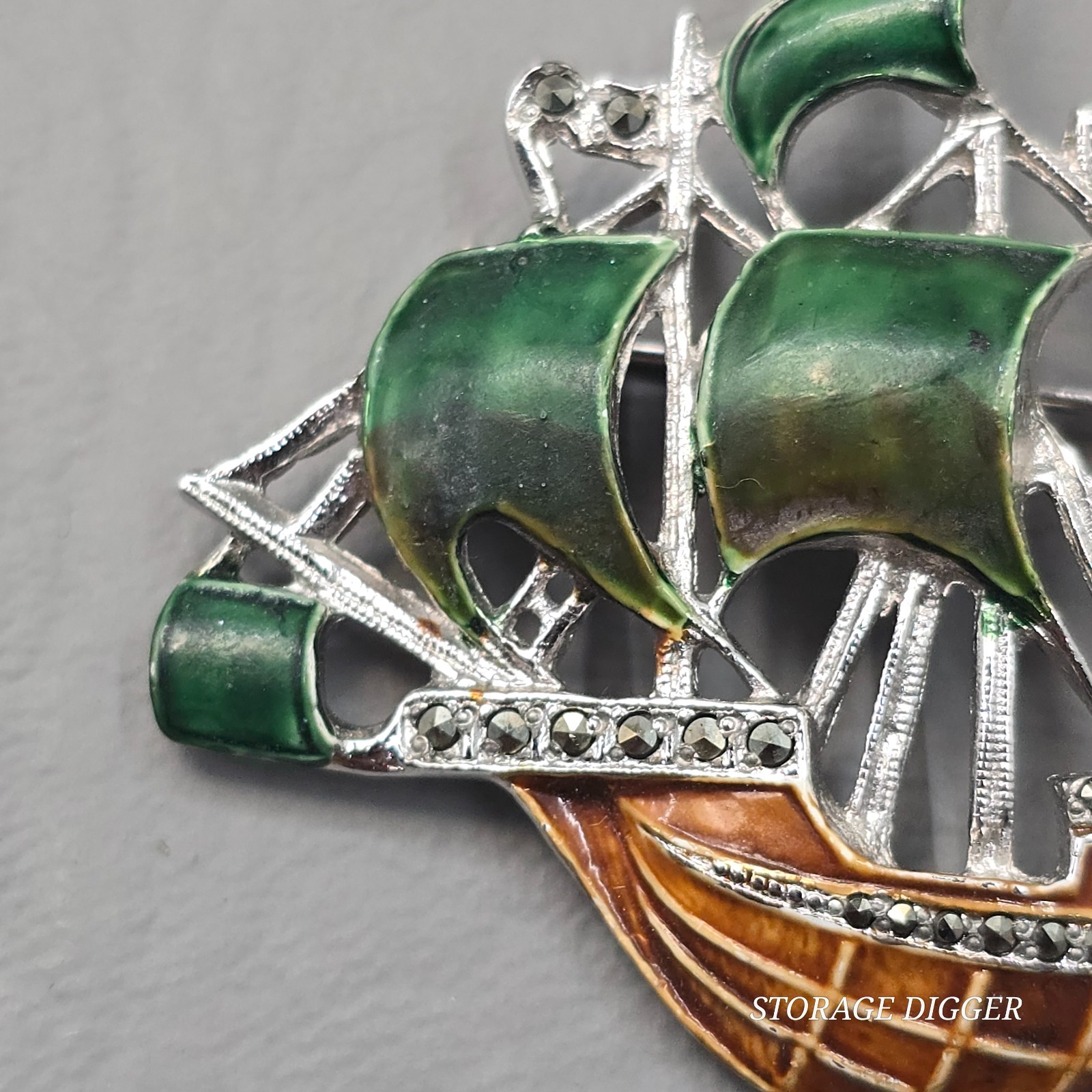 Vintage German Enamel Metal & Marcasite Galleon Ship Brooch Pin 1.75″ Long