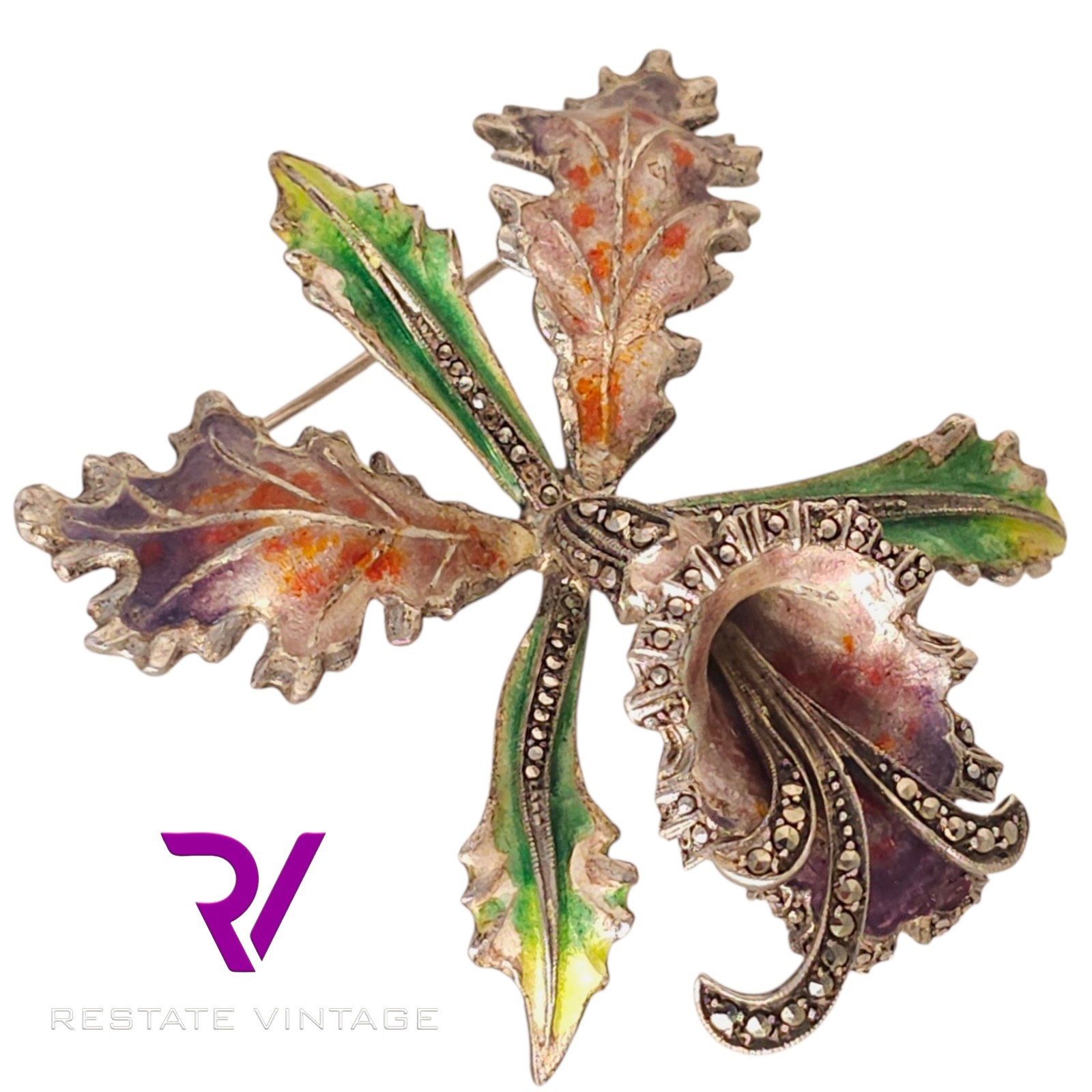 Vintage Orchid Germany Sterling 3d Intricate Enamel Marcasite Flower Brooch 2.25