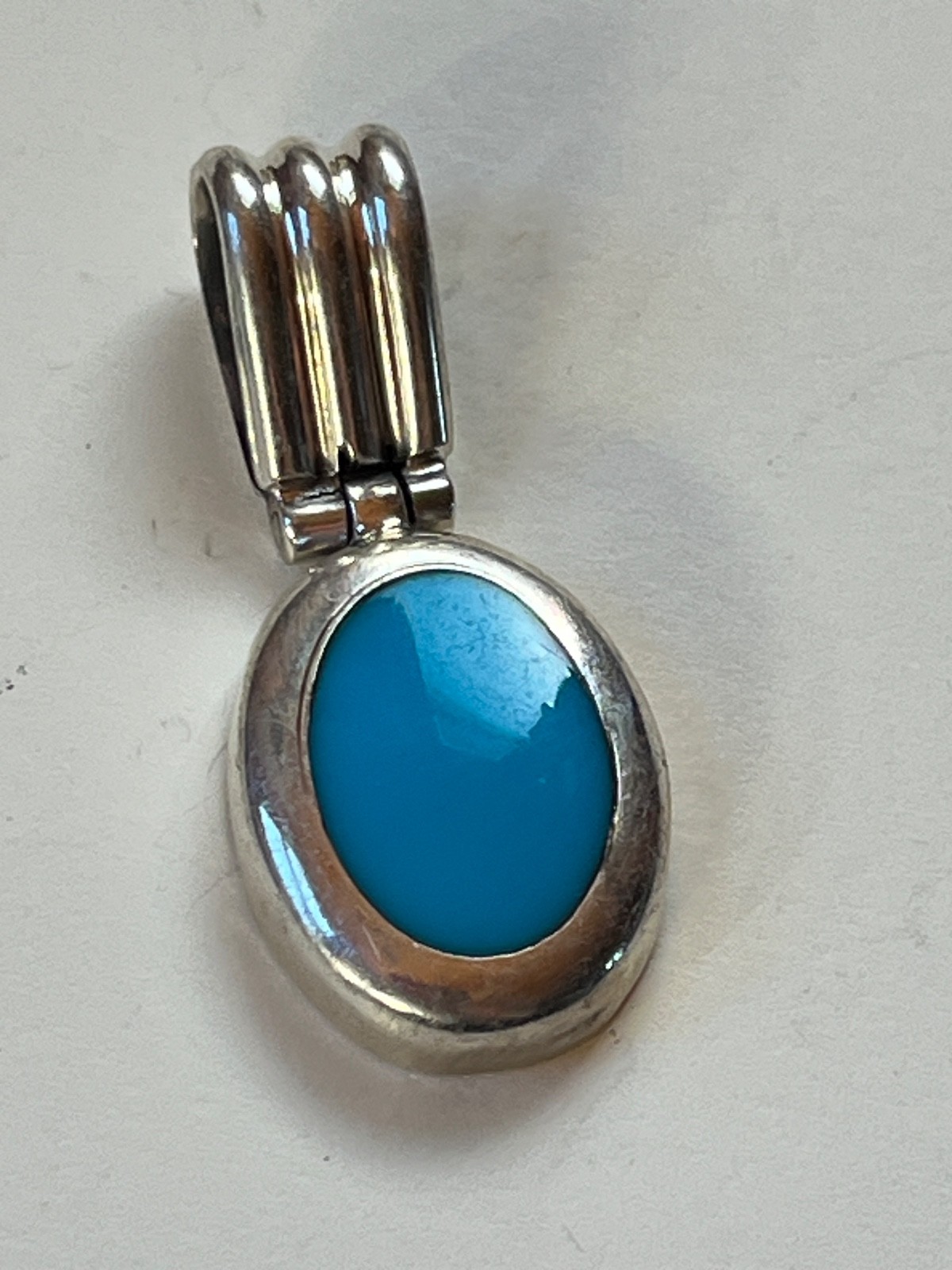 Turquoise Enamel in Oval Mexico 925 Silver Frame Pendant – about 1 and 3/8th’s x