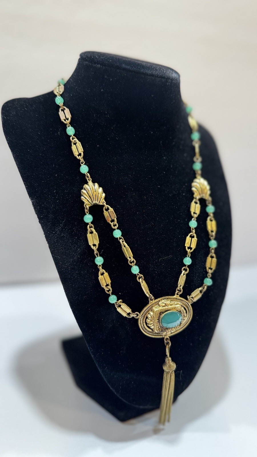 Antique Victorian Revival Green Chrysoprase Glass & Tassel Necklace Czech