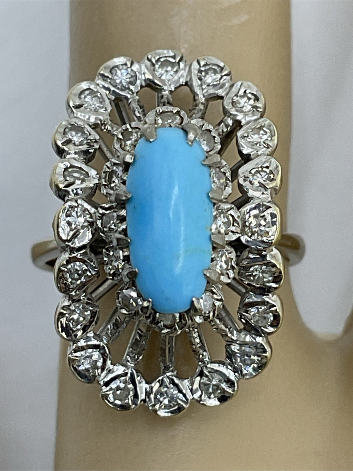 Ladies Ring Solid 18K W.Gold Turquoise & Diamond UNUSUAL DESIGN VINTAGE HANDMADE