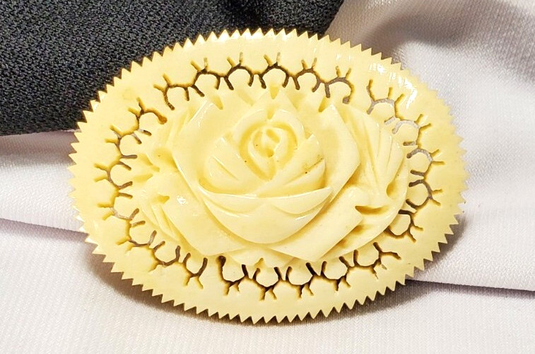 Vintage Made in Taiwan Carved Rose Plastic Pin