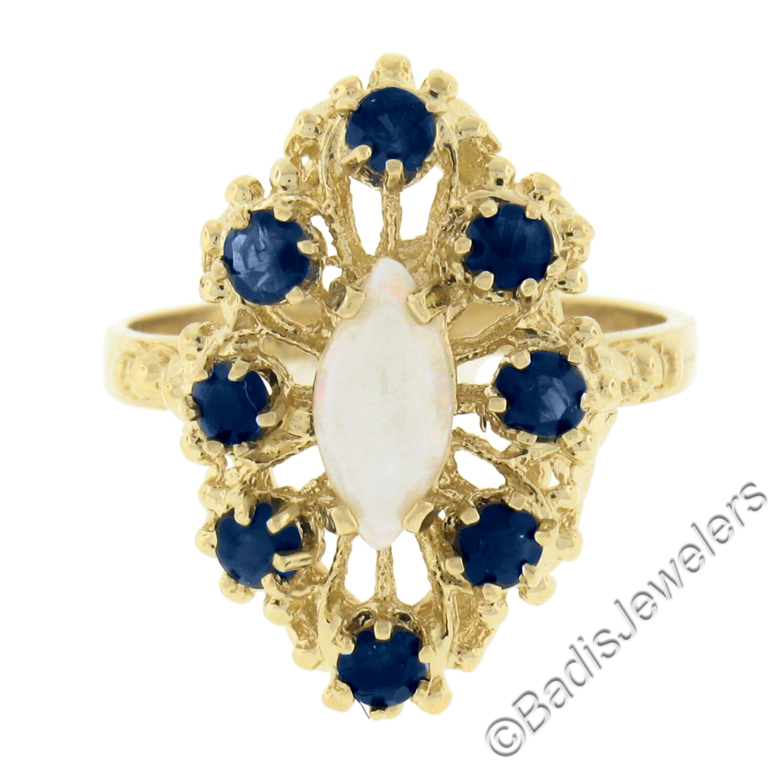 Vintage 14k Gold Marquise Cabochon Opal & .40ct Sapphire Open Textured Work Ring