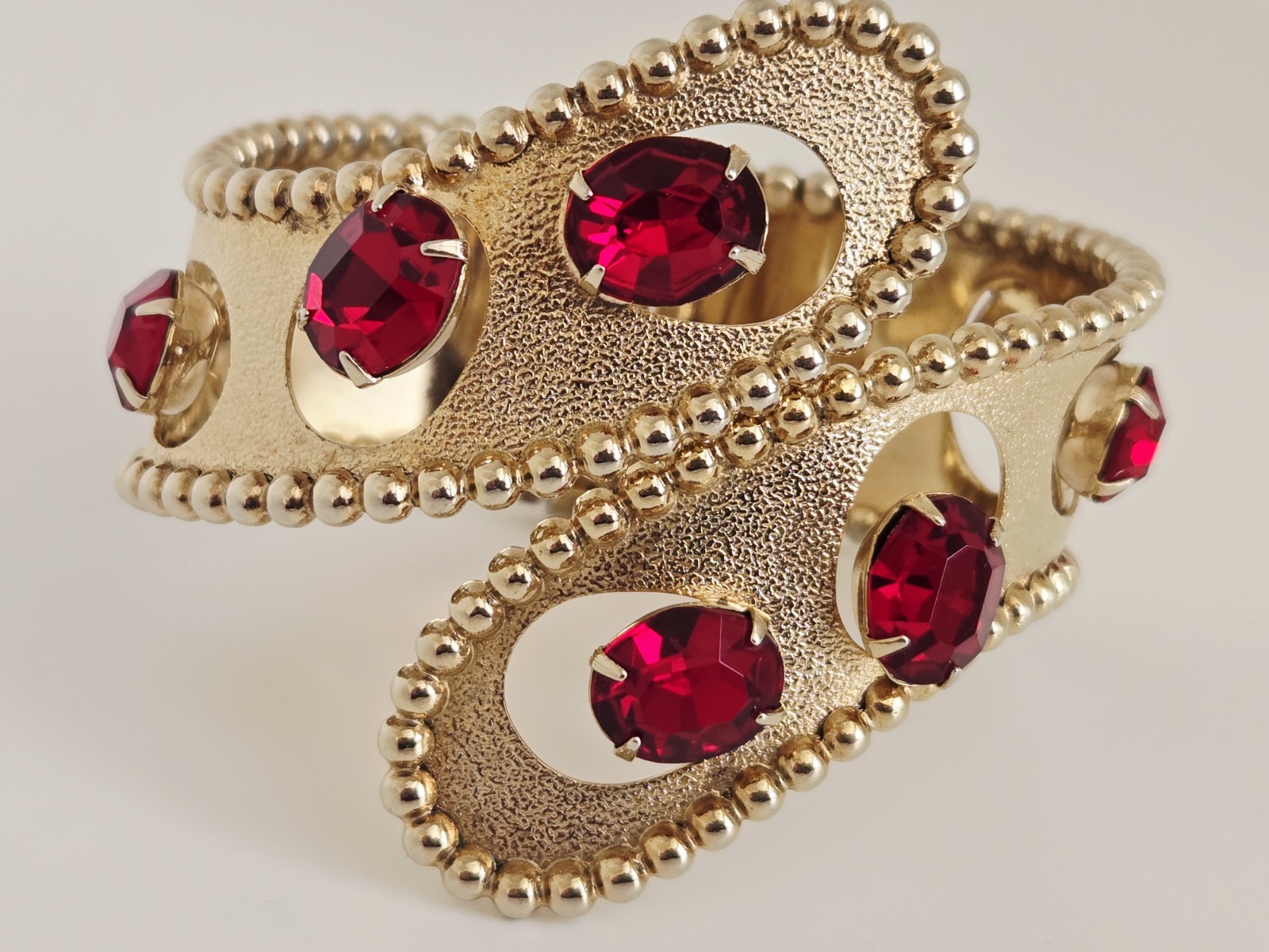 Vintage MCM Gold Tone Red Rhinestone Statement Clamper Bracelet
