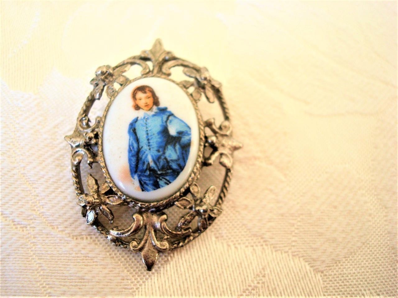 Vintage Silver Tone and White Glass Pin Brooch Pendant With Blue Boy Transfer KJ