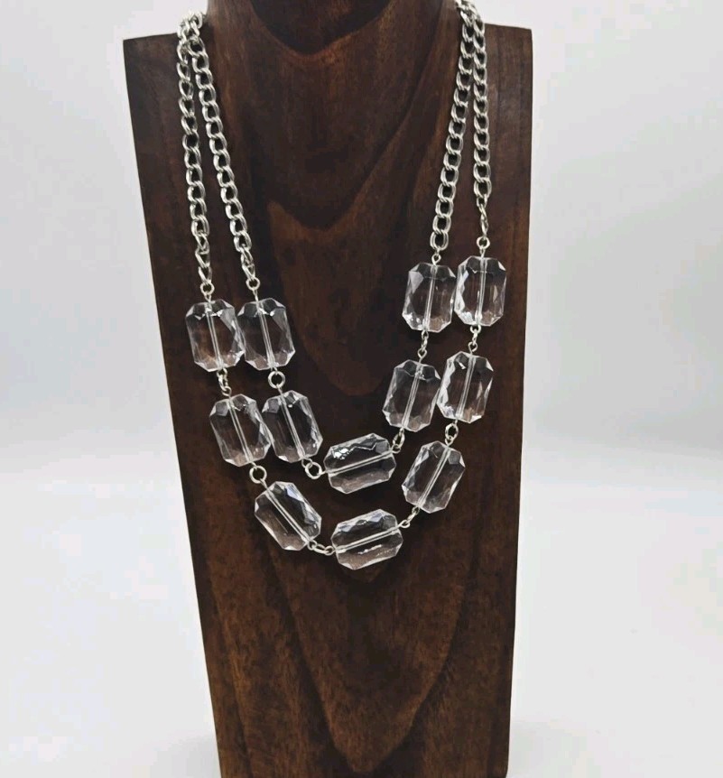 Clear Lucite Layered Necklace Silver tone Art Deco Link Chunky Macy’s 21 in