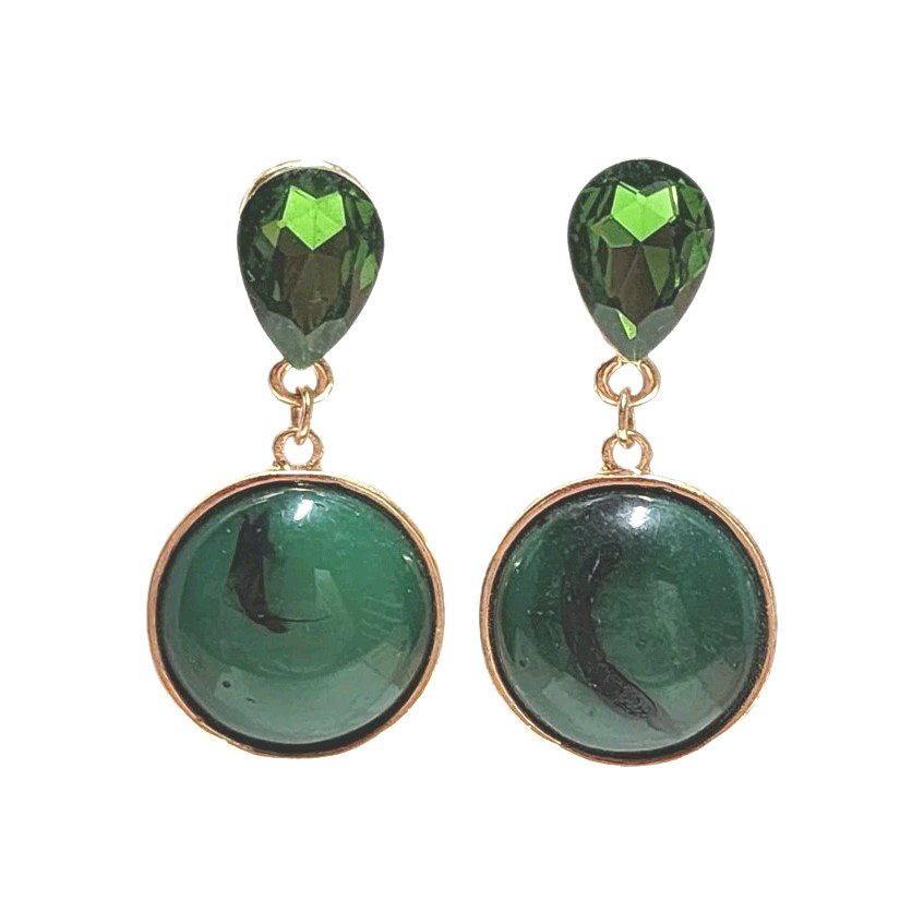 Vintage Green Faux Stone Rhinestone Gold Tone Dangle Earrings Teardrop Round GUC
