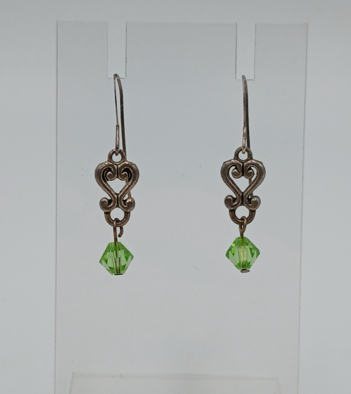VTG 925 Green Bicone Crystal Earrings 1.25in Drop Sterling Silver Heart Scroll