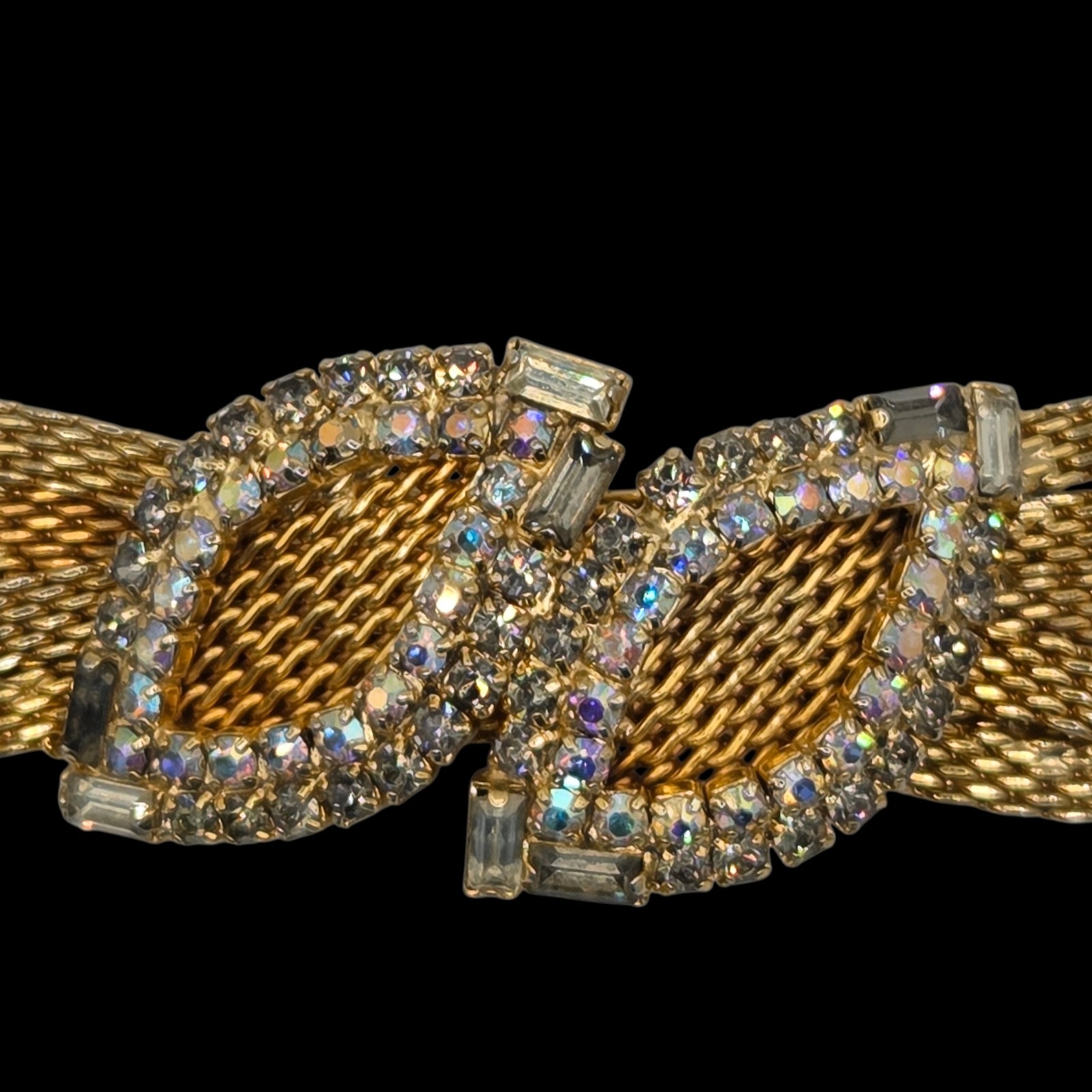 Vintage Hobé Gold Mesh Rhinestone Bracelet 7.25 In. Safety Chain – Signed