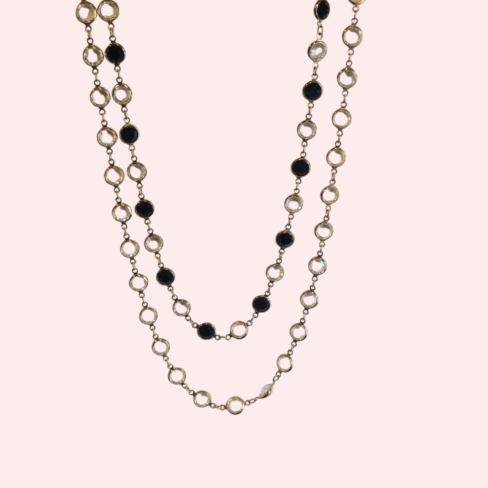 Vintage Swarovski Crystal Necklace Black & Clear Signed Gold Tone double strand