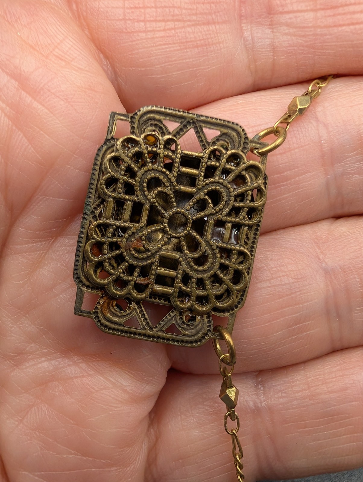 Vintage Glass Works Studio Art Nouveau Style Fairy Face Brass Finish Necklace
