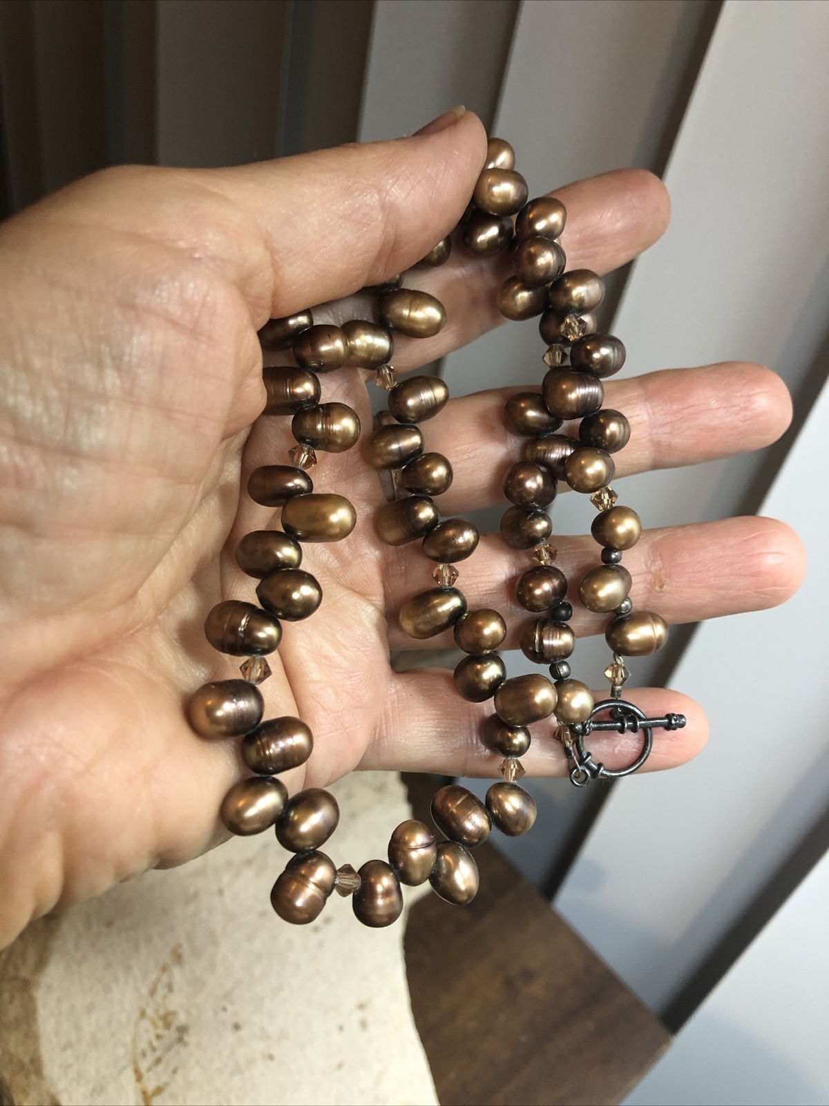 Vintage 925 Sterling Silver Root beer Pearl Bead Beaded Toggle Necklace 44g