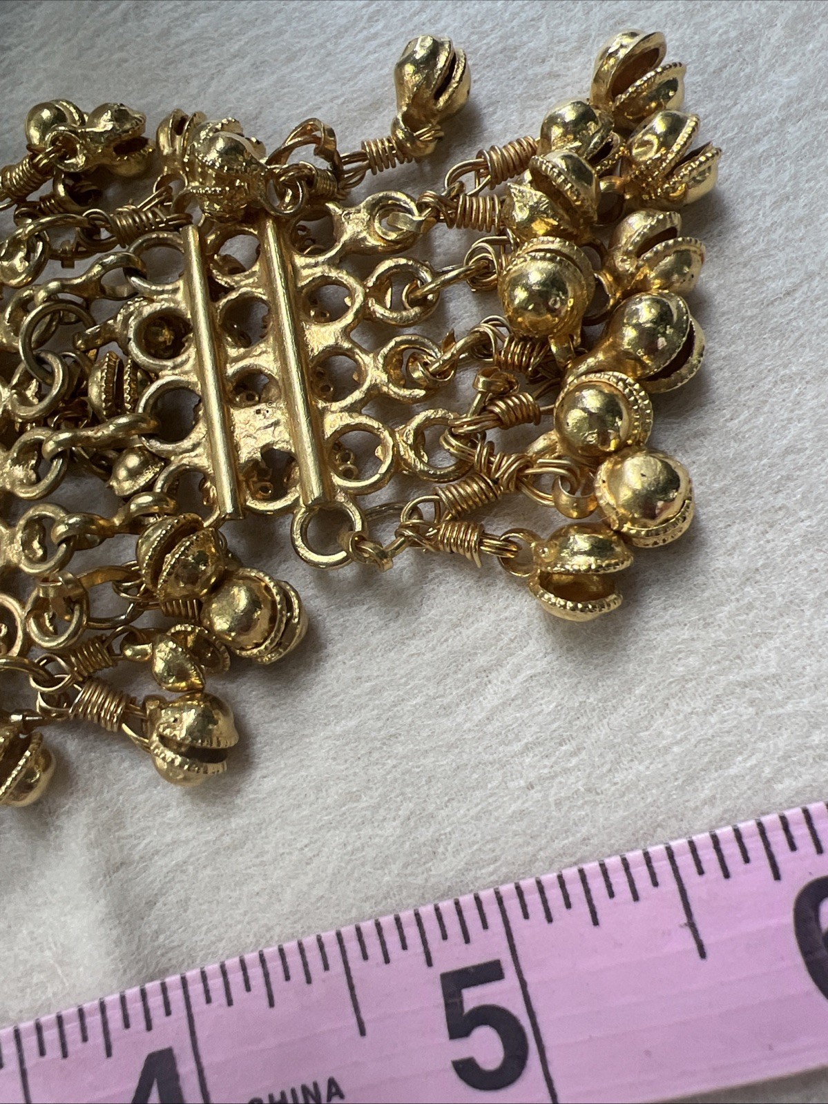 Vtg FESTOON NECKLACE Pendant GOLDWASH BRASS FILIGREE ROSETTES DANGLES
