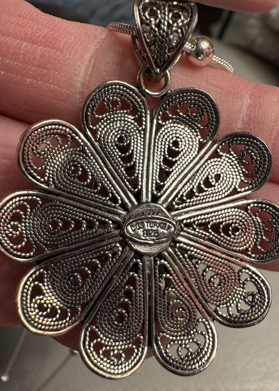 VTG Signed DGS Sterling Silver Filigree Glass Evil Eye Necklace Pendant only QVC
