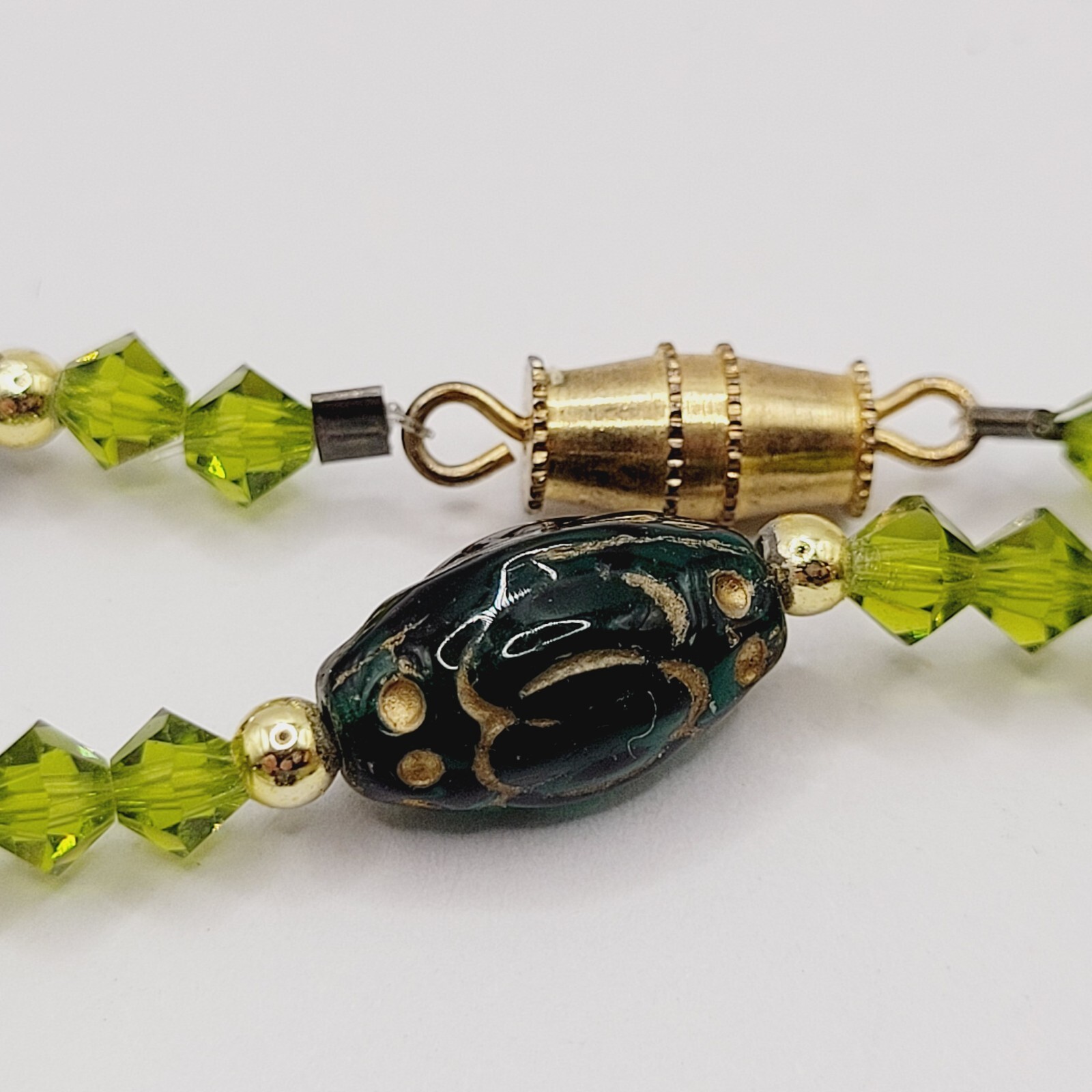 Green Art Glass Crystal Vintage Necklace Light & Dark Green Shades Gilded Beads