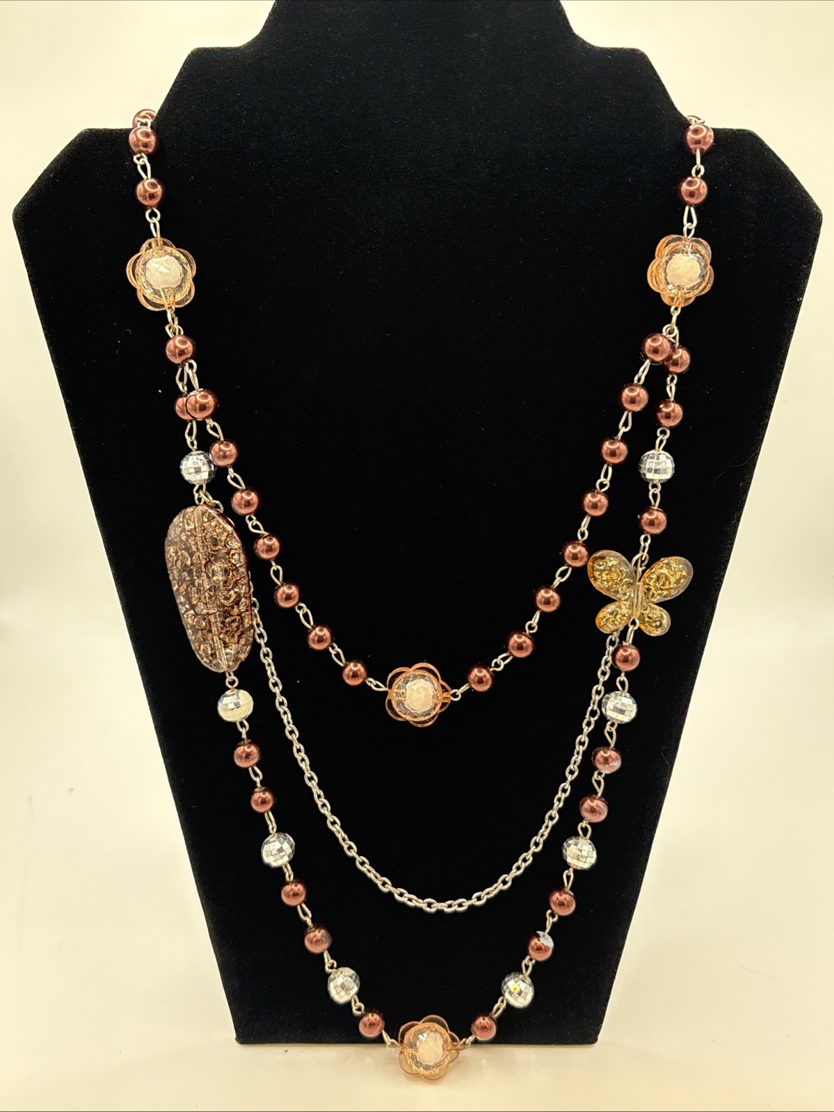 Vintage Multi strand Beaded Statement Necklace Acrylic Butterfly Accent READ