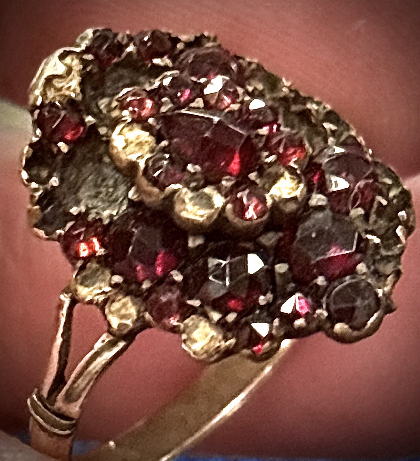 Antique Bohemian Garnet Cluster Ring Czechoslovakia Gold Genuine Garnets Estate