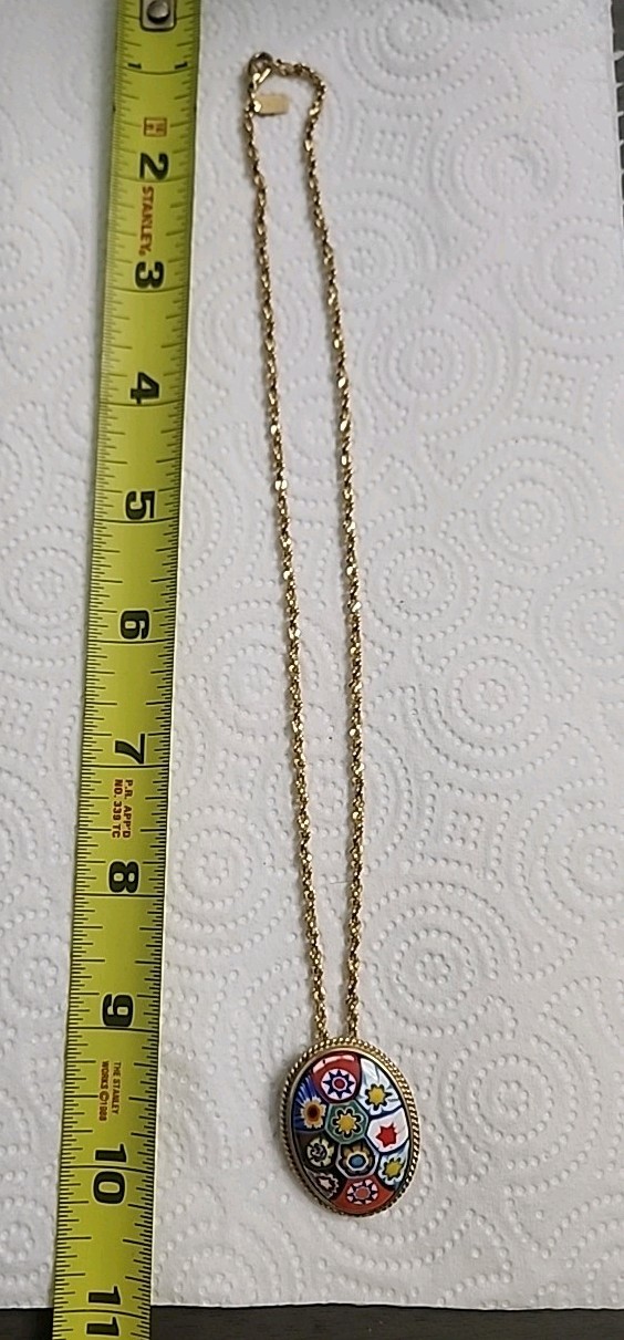 Signed LR Necklace with Millefiore Style Pendant Gold Tone With Chain